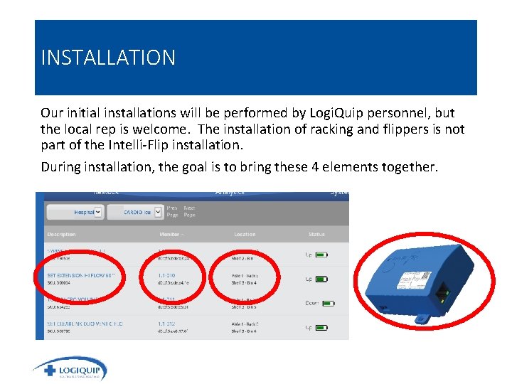 INSTALLATION Our initial installations will be performed by Logi. Quip personnel, but the local