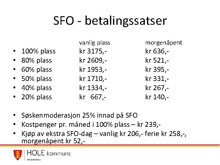 SFO - betalingssatser • • • 100% plass 80% plass 60% plass 50% plass SFO - betalingssatser • • • 100% plass 80% plass 60% plass 50% plass