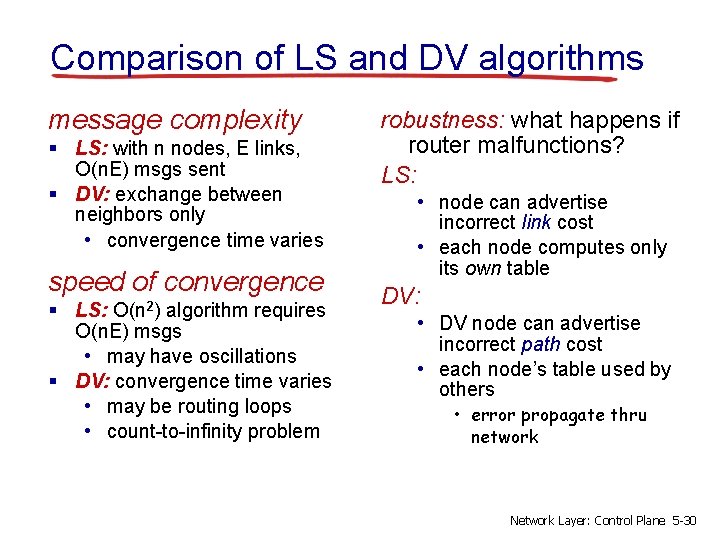 Comparison of LS and DV algorithms message complexity § LS: with n nodes, E