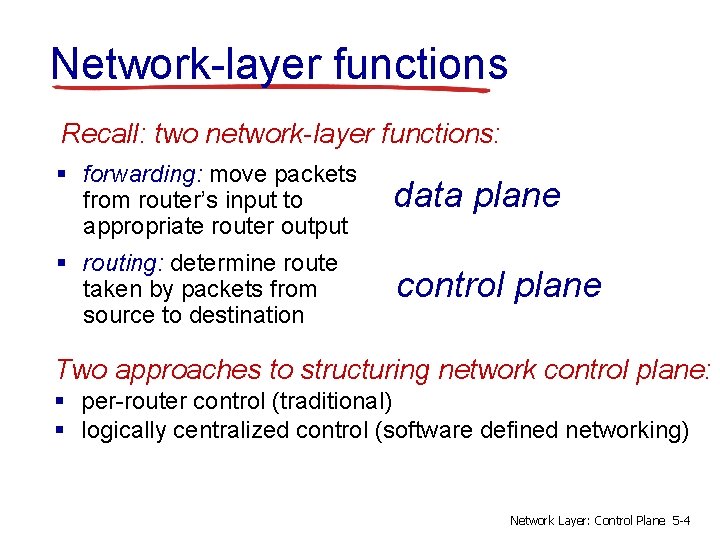 Network-layer functions Recall: two network-layer functions: § forwarding: move packets from router’s input to