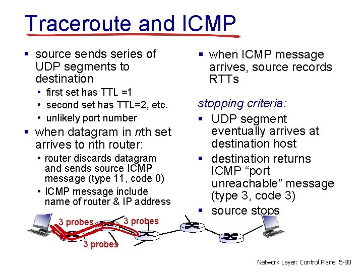 Traceroute and ICMP § source sends series of UDP segments to destination • first