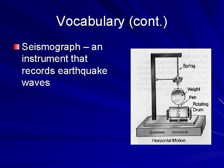 Vocabulary (cont. ) Seismograph – an instrument that records earthquake waves 