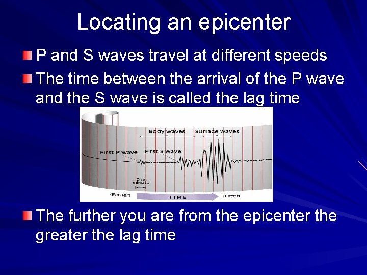 Locating an epicenter P and S waves travel at different speeds The time between