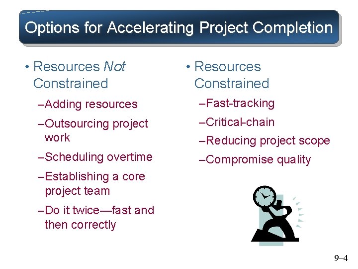 Options for Accelerating Project Completion • Resources Not Constrained • Resources Constrained – Adding