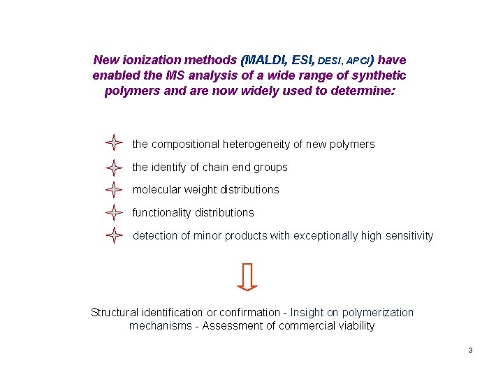 New ionization methods (MALDI, ESI, DESI, APCI) have enabled the MS analysis of a