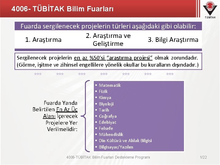 4006 - TÜBİTAK Bilim Fuarları TÜBİTAK Fuarda sergilenecek projelerin türleri aşağıdaki gibi olabilir: 2.