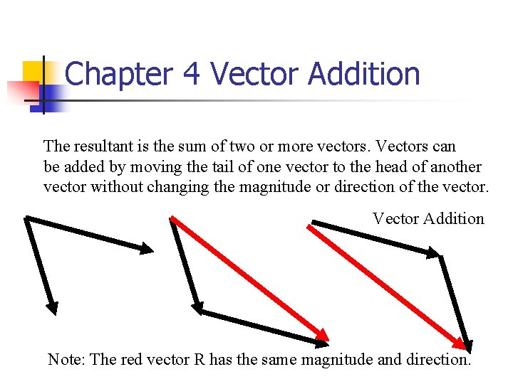 Chapter 4 Vector Addition The resultant is the sum of two or more vectors.