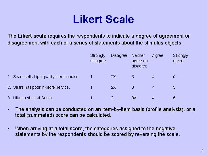 Likert Scale The Likert scale requires the respondents to indicate a degree of agreement