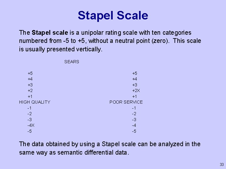 Stapel Scale The Stapel scale is a unipolar rating scale with ten categories numbered