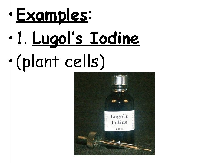  • Examples: • 1. Lugol’s Iodine • (plant cells) 