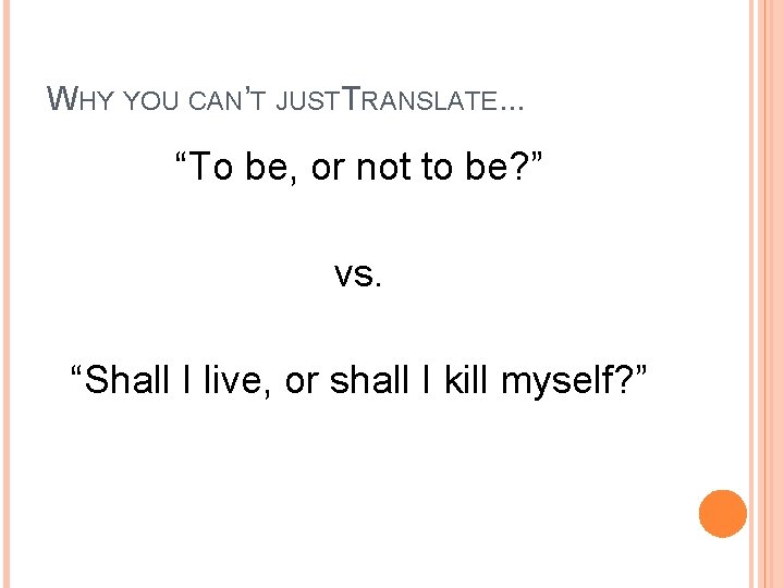 WHY YOU CAN’T JUSTTRANSLATE. . . “To be, or not to be? ” vs.