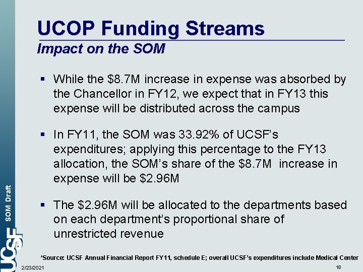 UCOP Funding Streams Impact on the SOM § While the $8. 7 M increase