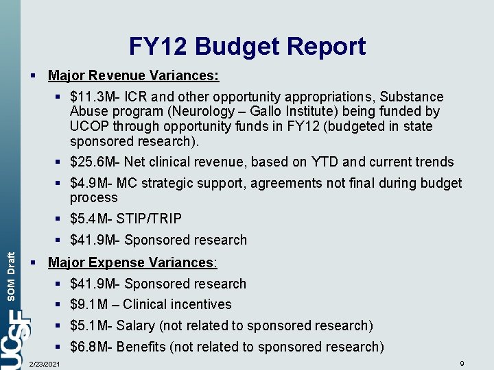 FY 12 Budget Report SOM Draft § Major Revenue Variances: § $11. 3 M-