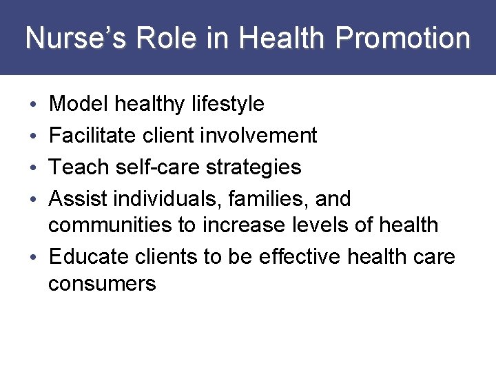 Nurse’s Role in Health Promotion Model healthy lifestyle Facilitate client involvement Teach self-care strategies