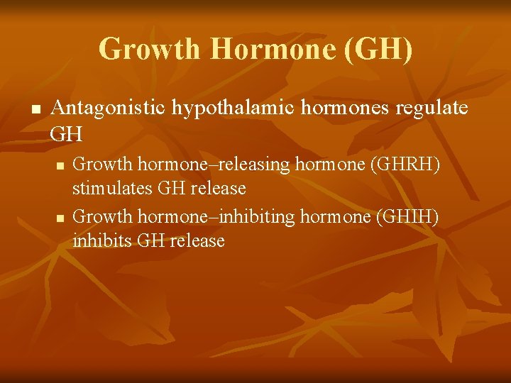 Growth Hormone (GH) n Antagonistic hypothalamic hormones regulate GH n n Growth hormone–releasing hormone