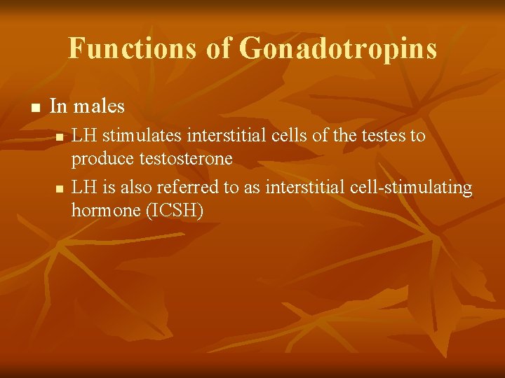 Functions of Gonadotropins n In males n n LH stimulates interstitial cells of the
