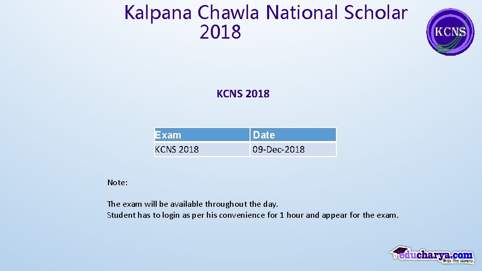 Kalpana Chawla National Scholar 2018 KCNS 2018 Exam KCNS 2018 Date 09 -Dec-2018 Note: