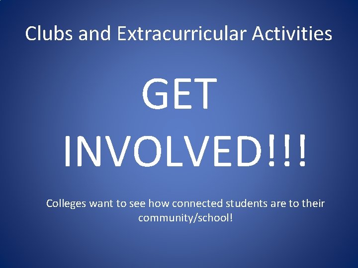 Clubs and Extracurricular Activities GET INVOLVED!!! Colleges want to see how connected students are
