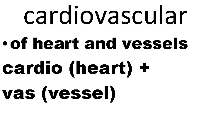 cardiovascular • of heart and vessels cardio (heart) + vas (vessel) 