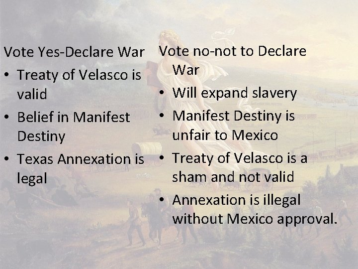 Vote Yes-Declare War • Treaty of Velasco is valid • Belief in Manifest Destiny