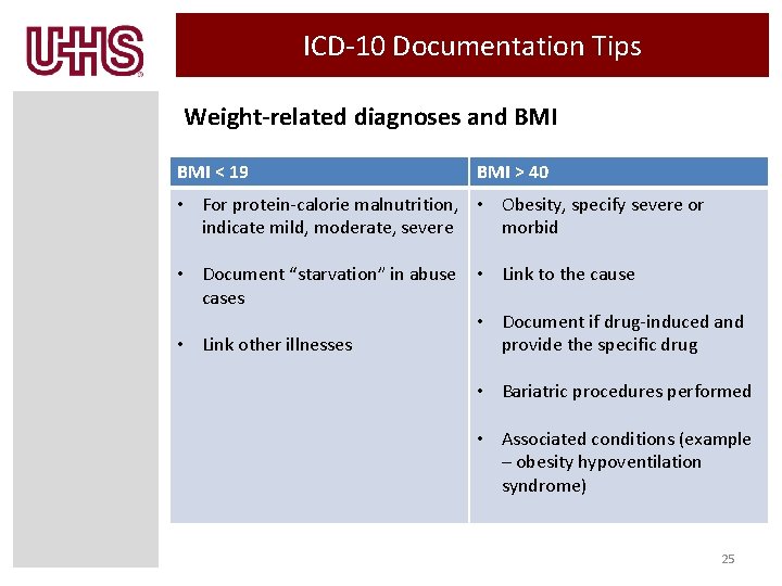 ICD-10 Documentation Tips Weight-related diagnoses and BMI < 19 BMI > 40 • For