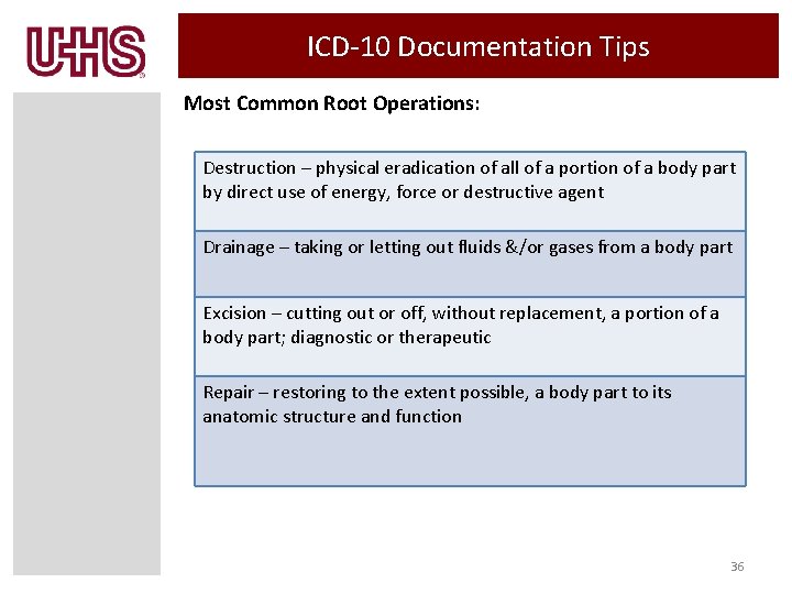 ICD-10 Documentation Tips Most Common Root Operations: Destruction – physical eradication of all of