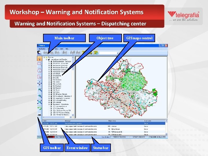 Workshop – Warning and Notification Systems – Dispatching center Main toolbar GIS toolbar Event