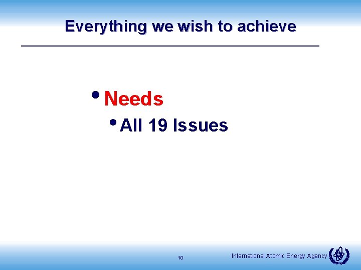 Everything we wish to achieve • Needs • All 19 Issues 10 International Atomic