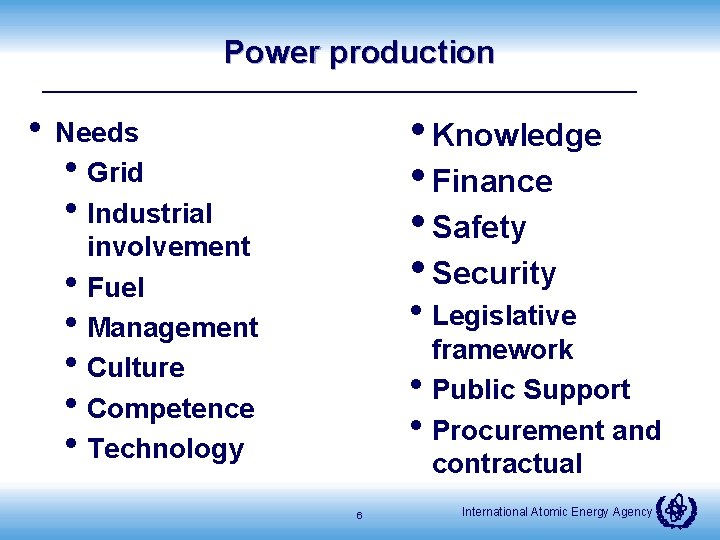 Power production • Knowledge • Finance • Safety • Security • Needs • Grid