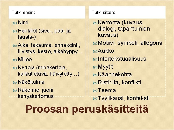 Tutki ensin: Tutki sitten: Nimi Kerronta (kuvaus, Henkilöt (sivu-, pää- ja tausta-) Aika: takauma, Tutki ensin: Tutki sitten: Nimi Kerronta (kuvaus, Henkilöt (sivu-, pää- ja tausta-) Aika: takauma,