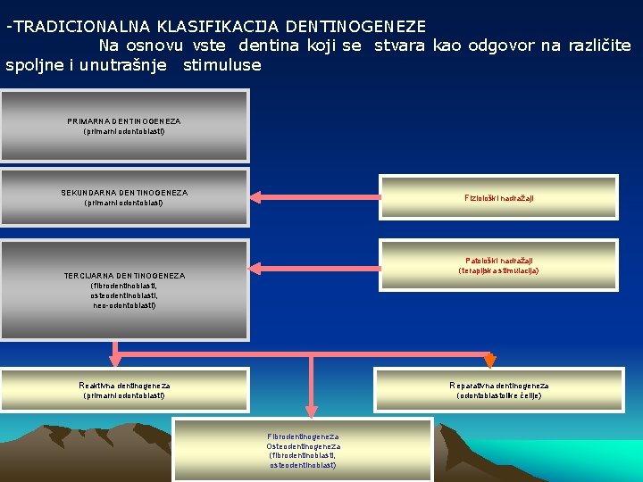 -TRADICIONALNA KLASIFIKACIJA DENTINOGENEZE Na osnovu vste dentina koji se stvara kao odgovor na različite