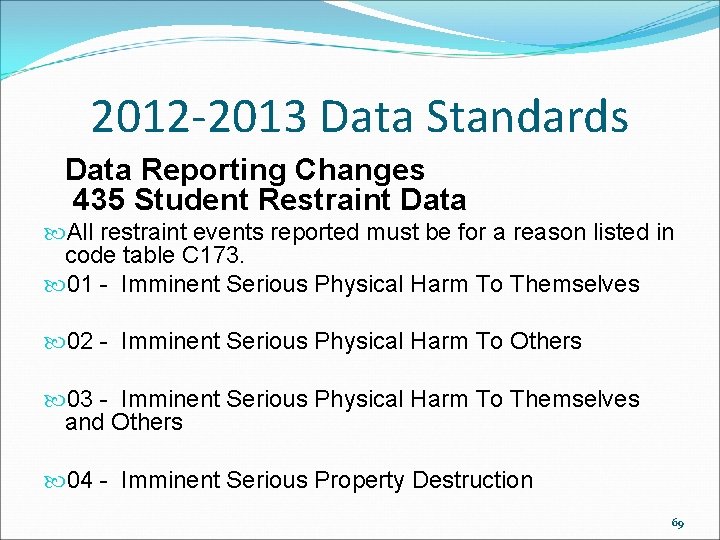 2012 -2013 Data Standards Data Reporting Changes 435 Student Restraint Data All restraint events 2012 -2013 Data Standards Data Reporting Changes 435 Student Restraint Data All restraint events