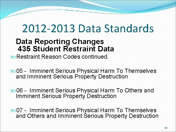 2012 -2013 Data Standards Data Reporting Changes 435 Student Restraint Data Restraint Reason Codes 2012 -2013 Data Standards Data Reporting Changes 435 Student Restraint Data Restraint Reason Codes