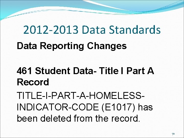 2012 -2013 Data Standards Data Reporting Changes 461 Student Data- Title I Part A 2012 -2013 Data Standards Data Reporting Changes 461 Student Data- Title I Part A