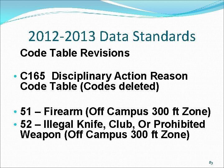 2012 -2013 Data Standards Code Table Revisions • C 165 Disciplinary Action Reason Code 2012 -2013 Data Standards Code Table Revisions • C 165 Disciplinary Action Reason Code