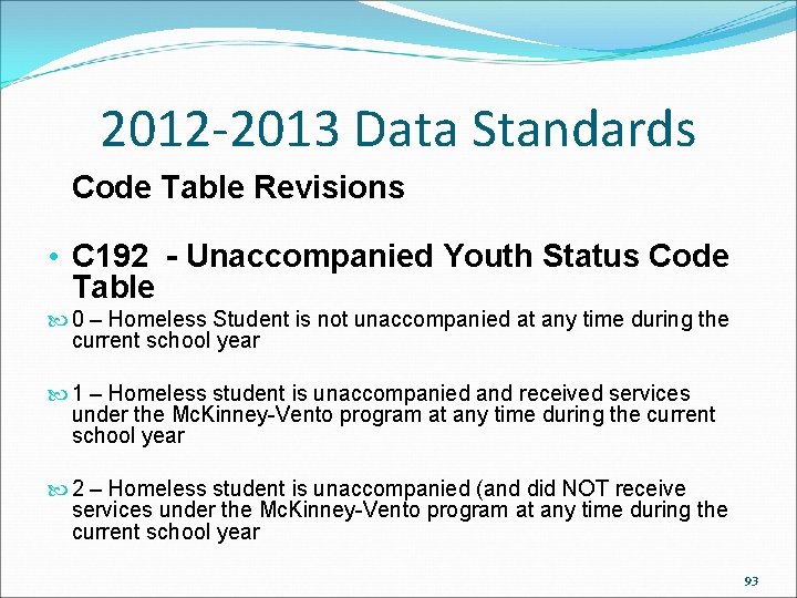 2012 -2013 Data Standards Code Table Revisions • C 192 - Unaccompanied Youth Status 2012 -2013 Data Standards Code Table Revisions • C 192 - Unaccompanied Youth Status