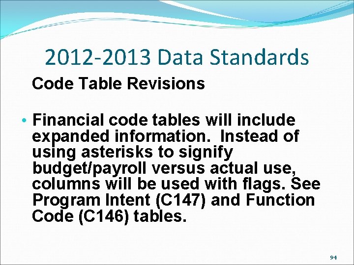 2012 -2013 Data Standards Code Table Revisions • Financial code tables will include expanded 2012 -2013 Data Standards Code Table Revisions • Financial code tables will include expanded