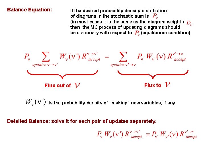 Balance Equation: If the desired probability density distribution of diagrams in the stochastic sum