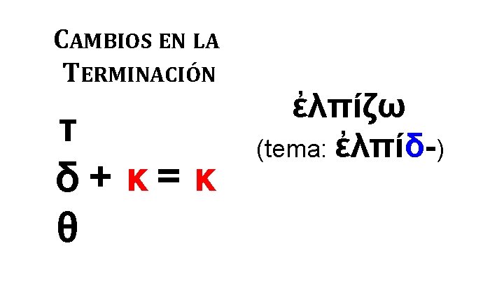 CAMBIOS EN LA TERMINACIÓN τ δ+ κ= κ θ ἐλπίζω (tema: ἐλπίδ-) 