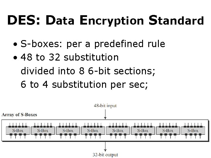 DES: Data Encryption Standard • S-boxes: per a predefined rule • 48 to 32