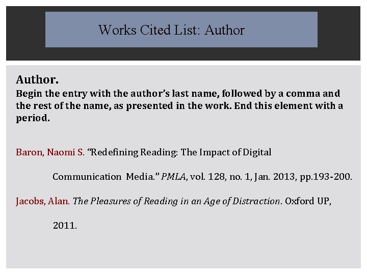 Works Cited List: Author. Begin the entry with the author’s last name, followed by