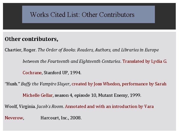 Works Cited List: Other Contributors Other contributors, Chartier, Roger. The Order of Books: Readers,