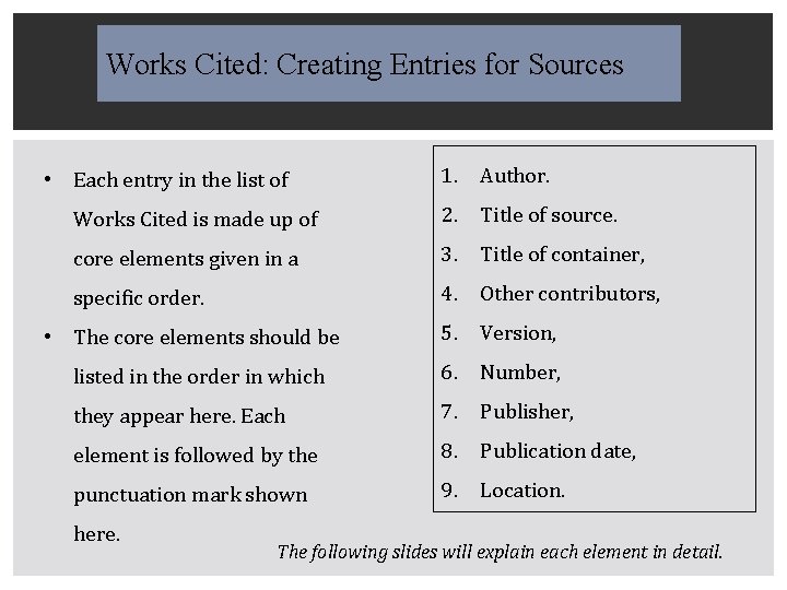 Works Cited: Creating Entries for Sources • Each entry in the list of 1.
