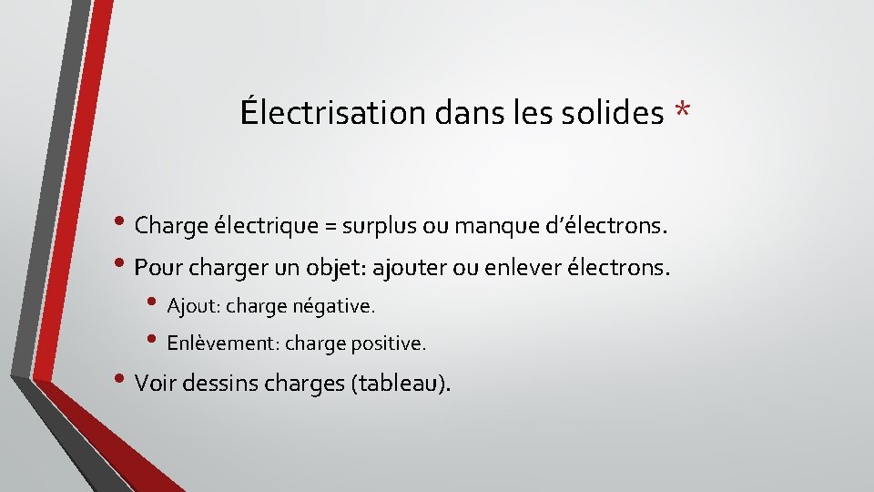 Électrisation dans les solides * • Charge électrique = surplus ou manque d’électrons. •