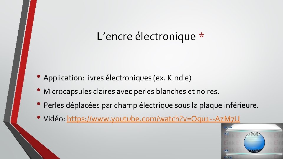 L’encre électronique * • Application: livres électroniques (ex. Kindle) • Microcapsules claires avec perles
