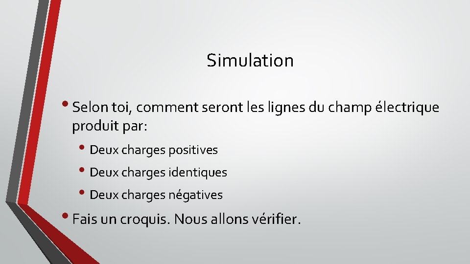 Simulation • Selon toi, comment seront les lignes du champ électrique produit par: •