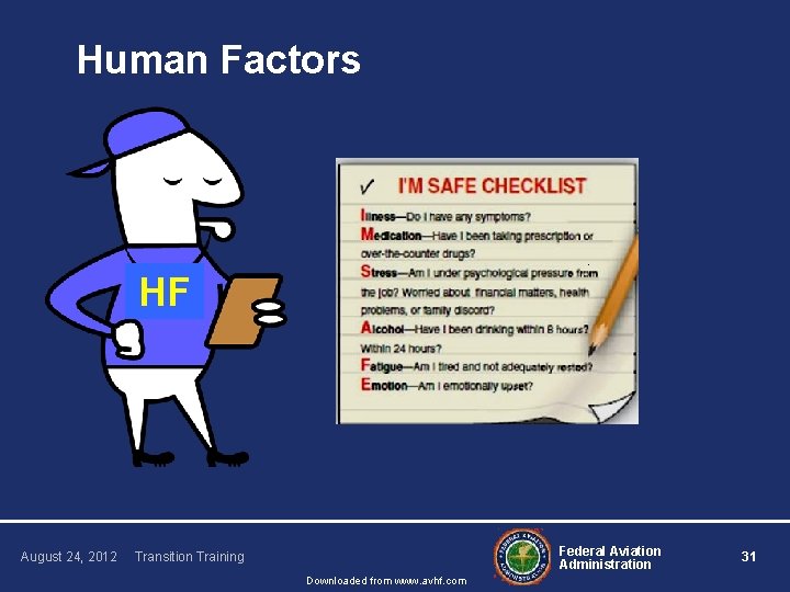 Human Factors HF August 24, 2012 Federal Aviation Administration Transition Training Downloaded from www.