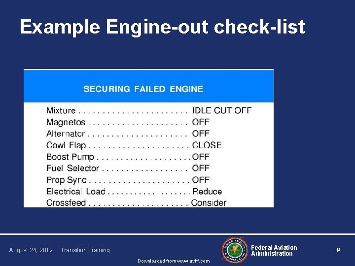 Example Engine-out check-list August 24, 2012 Federal Aviation Administration Transition Training Downloaded from www.
