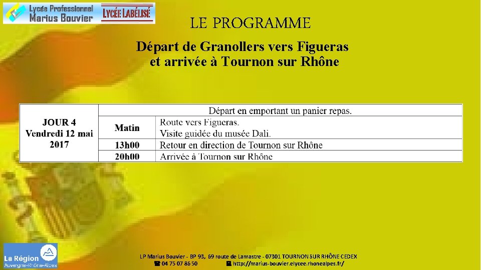 LE PROGRAMME Départ de Granollers vers Figueras et arrivée à Tournon sur Rhône LP