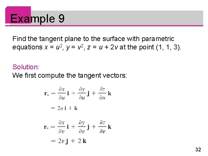 Example 9 Find the tangent plane to the surface with parametric equations x =